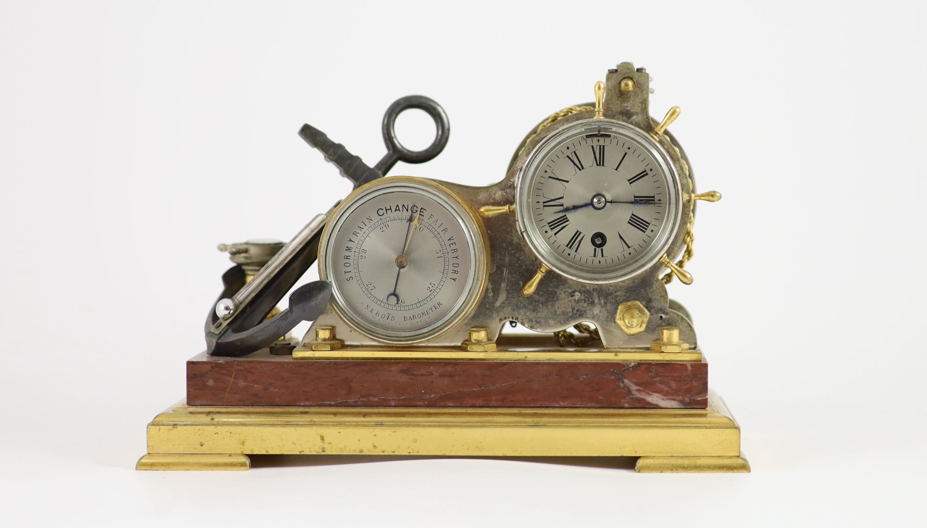 A late 19th century French gilt and silvered bronze desk barometer / timepiece, width 26cm depth 11.5cm height 17cm
